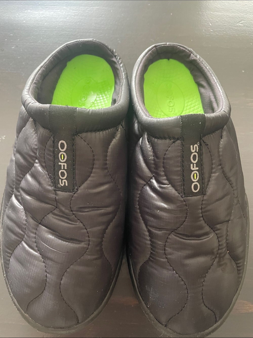 OOFOS Black Quilted Slip-On Clogs with Bright Green Insole